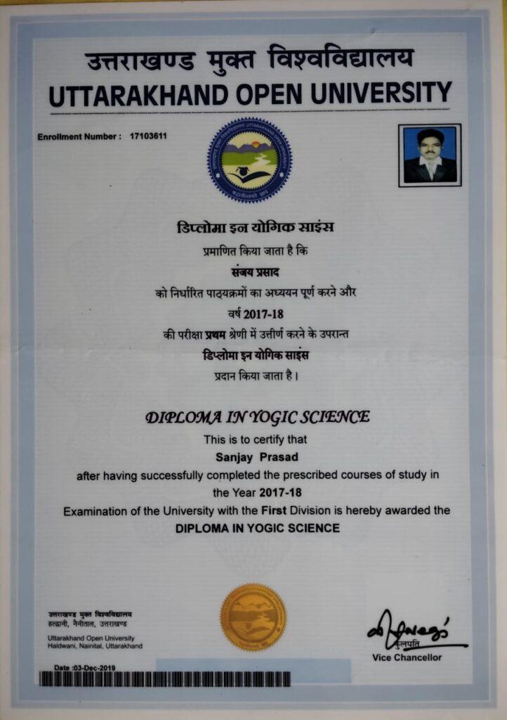 Sanjay Prasad Yoga Certificate